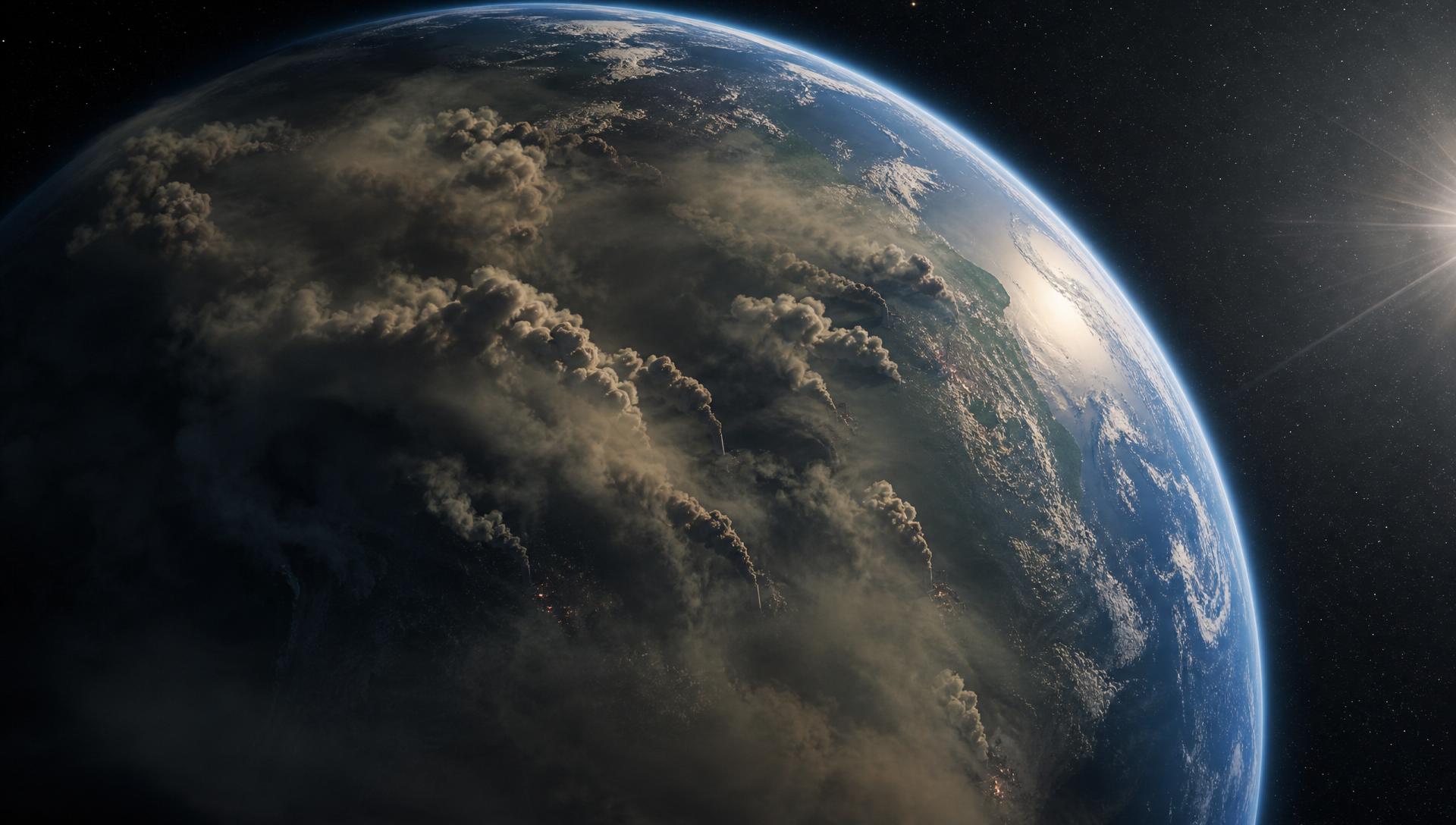 Terra vista do espaço com fumaça de emissões de carbono na atmosfera